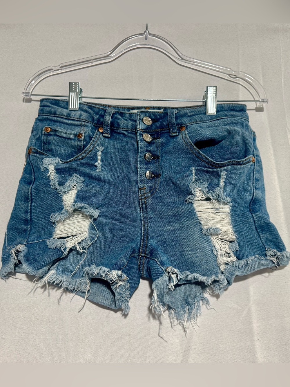 Almost Famous Distressed Button-Fly Denim Shorts - Blue